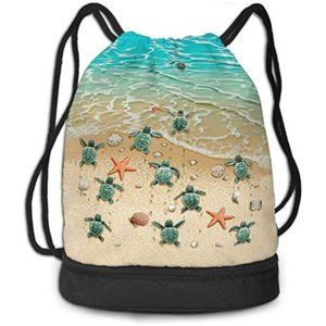 Men Women Beach Sea Turtle Drawstring Beach Daypack